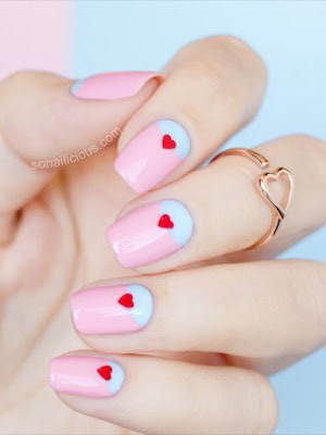 Heart nail art idea for short nails in pastels