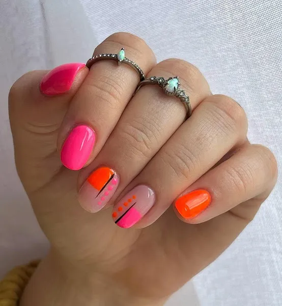 Abstract nail art with bright neon nail color(Pink and Orange)