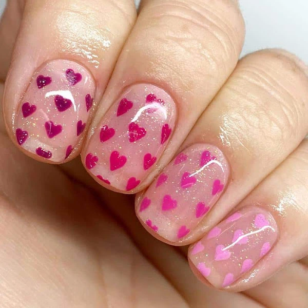 pink Heart Confetti Nail design for short nails