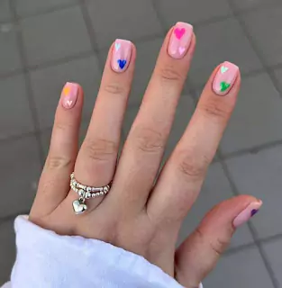 Colorful heart nail design for short nails