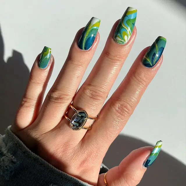 Green and blue watermarble nail art