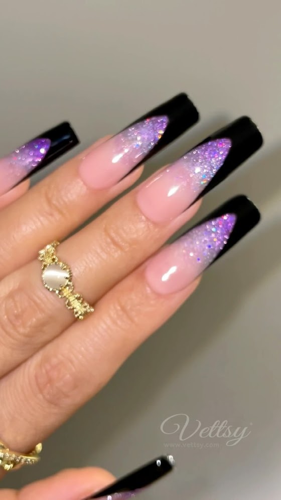 Purple ombre nails with black french tip and glitters