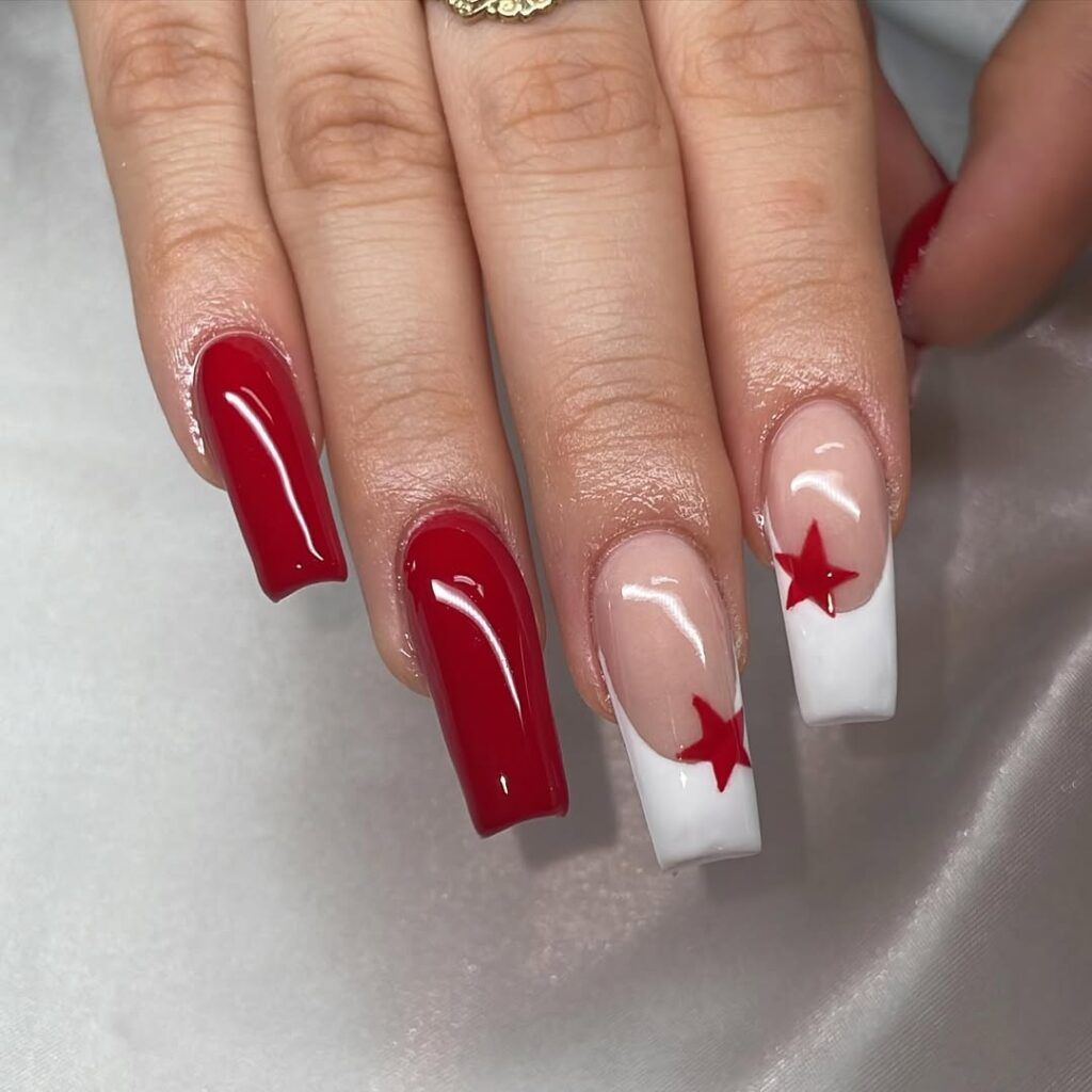 Red and White acrylic nails with stars