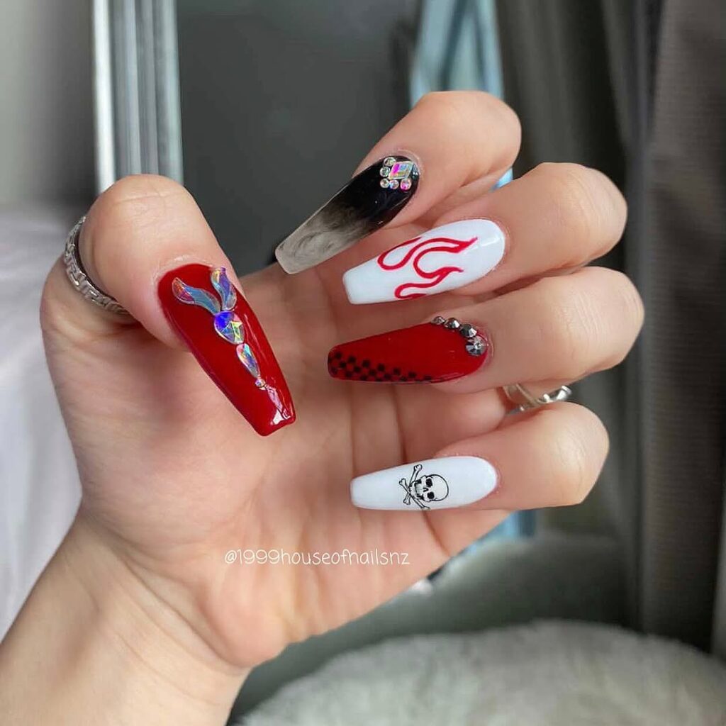 Red, white and black halloween nail design