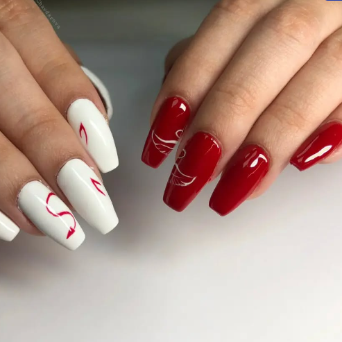 red and white nail art on coffin nail shape