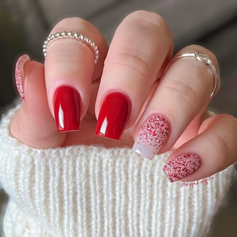 square shaped red and white glitter nails