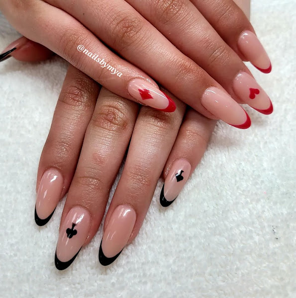 Almond nails with Red and black french tip and playing cards elements