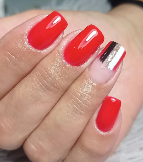 Red and black glittery Stripes nails by editmynails.com