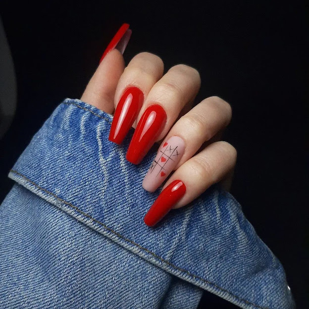 Image featuring Valentines day romantic black and red manicure on long nails