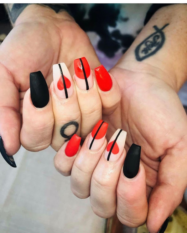 Red and black nail art specifically for valentines day