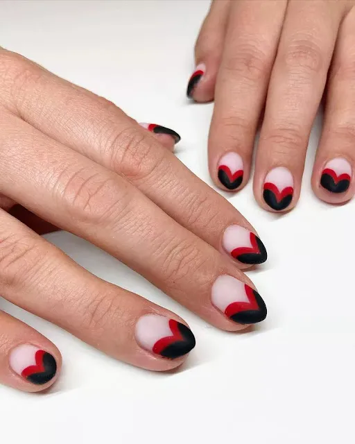 Nail Red and black heart French tip