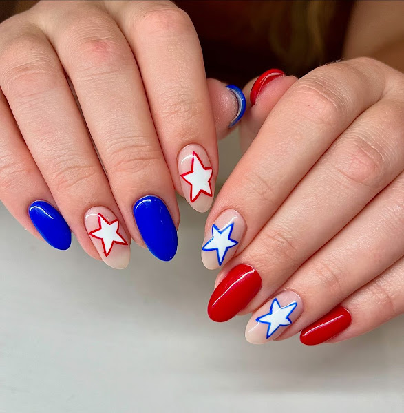 Beautiful red and blue nails with white stars