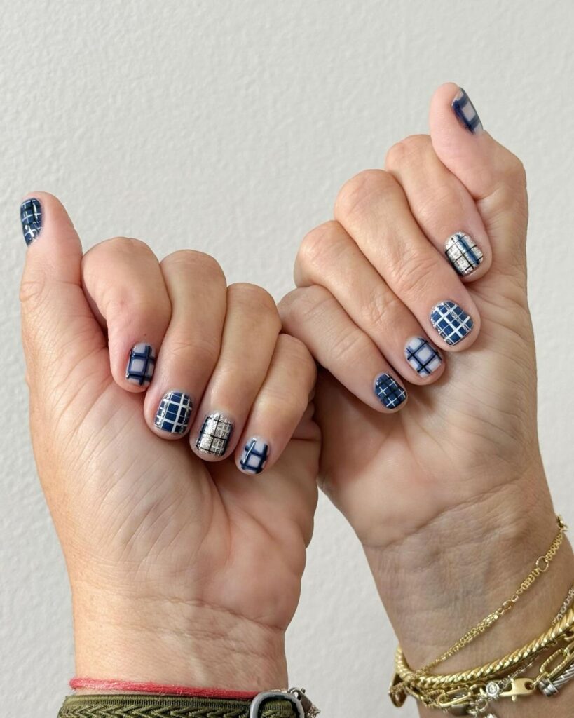 Blue and white plaid nails