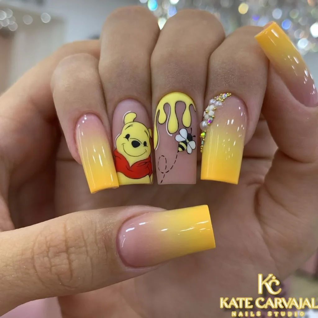 Yellow, black and red cartoon nail art