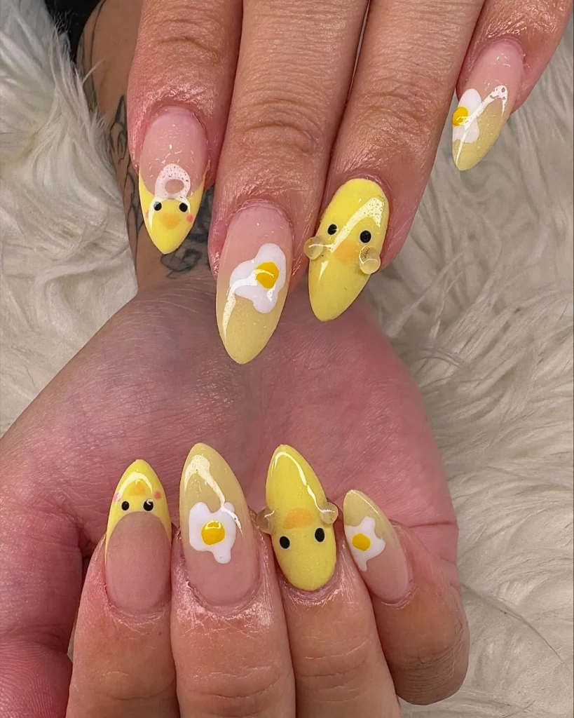 Duck nail art with fired egg accent