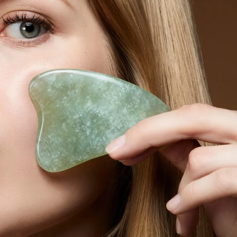 A girl doing gus sha facial with tool in her hand