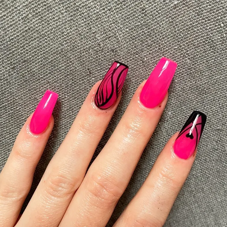 Dark hot pink coffin nails with black accents