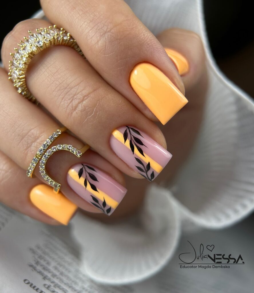 Fall Nail art in saffron yellow and jet black color