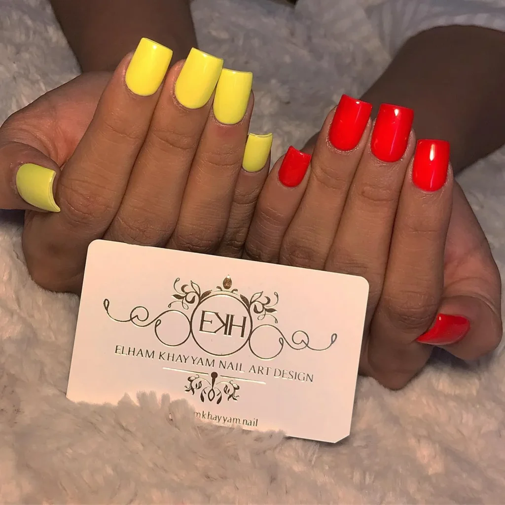 red and yellow square nails 