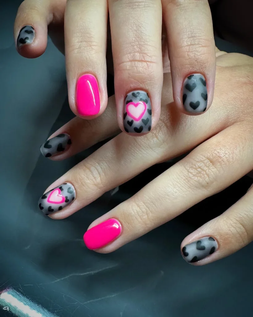 Negative spaced nails with pink and black hearts 