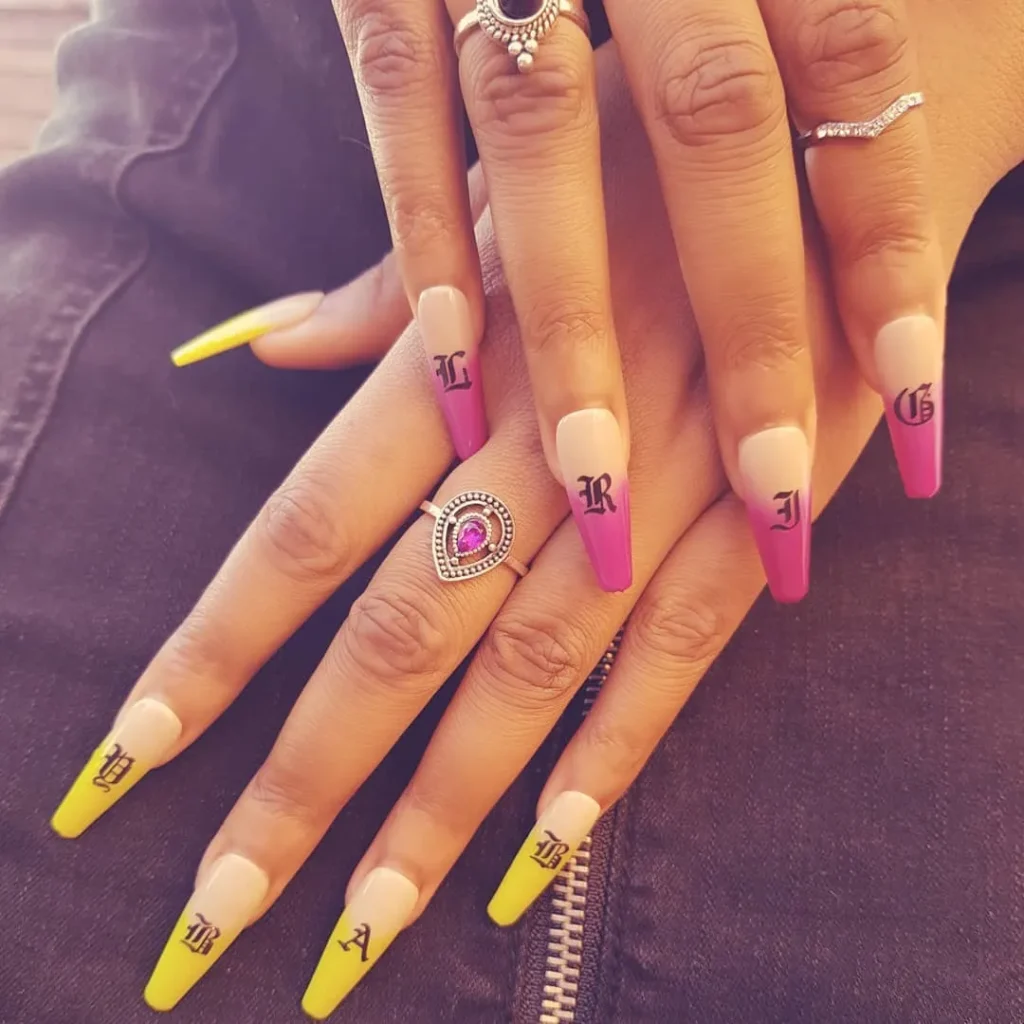 Cute pink and yellow nail design idea