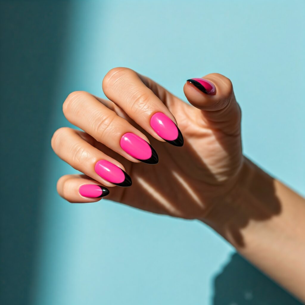 Oval pink nails with black french tip 