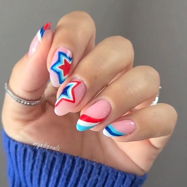 Red blue and white 4th of july nails