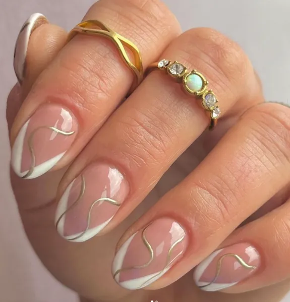 Almond shaped short nails with diagonal french tip and little lines of chrome