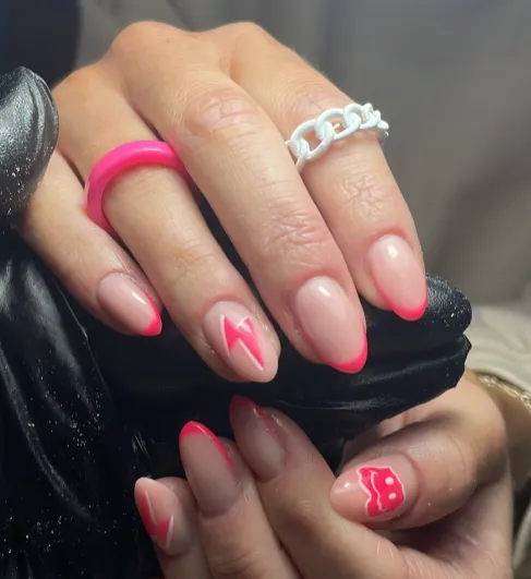 Nails with fire sign in medium to short height and the color is hot pink