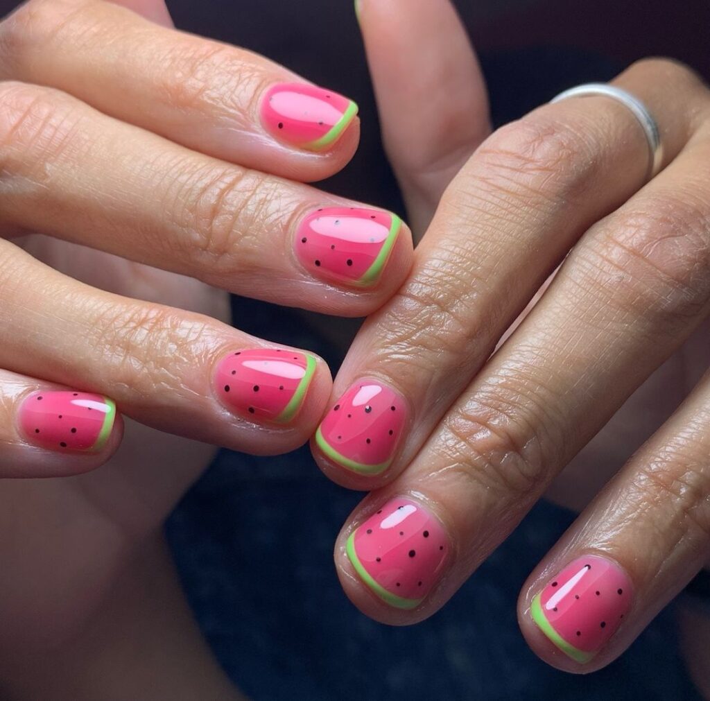 Watermelon nail art on short nails