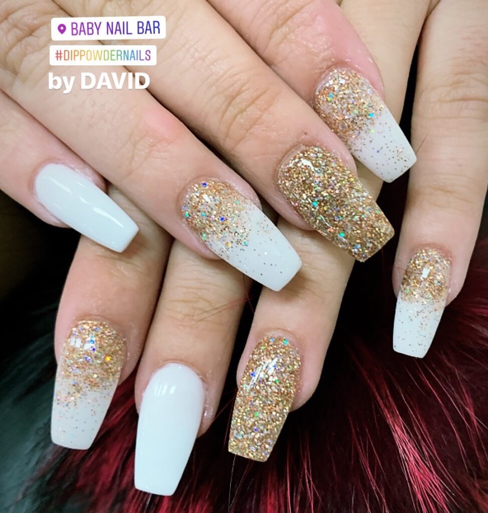 White coffin nails along with glitter