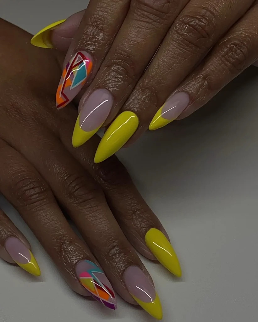 Abstract nail art in yellow and other colors