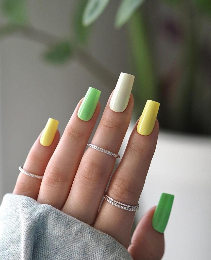 Simple coffin nails painted with yellow and green color