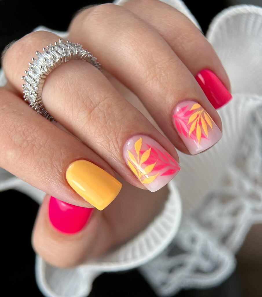 Yellow and pink fall nail art  on short nails