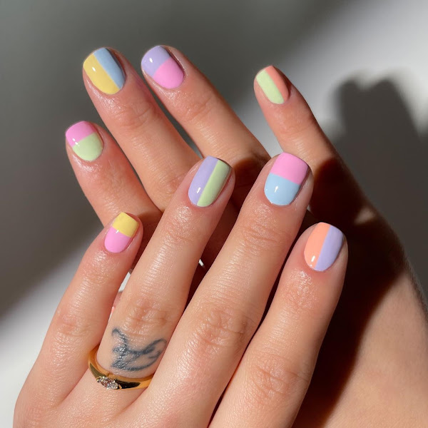 Classy Pastels nail art using color blocking technique