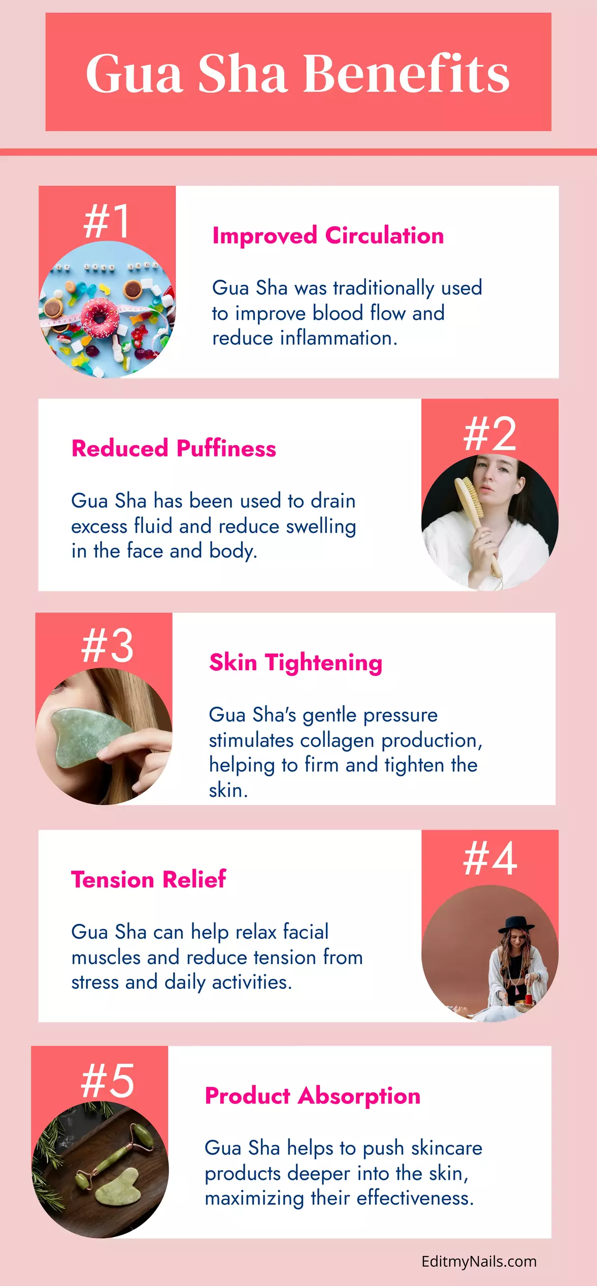 Infographic showing five benefits of Gua Sha facial