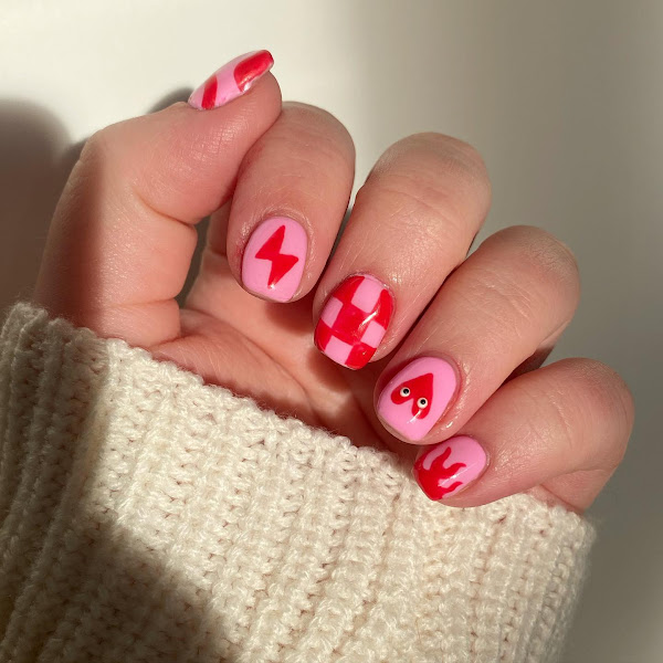 Red and pink Nail art for short nails