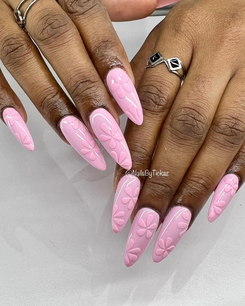 Pastel pink 3d floral nail art in almond shape