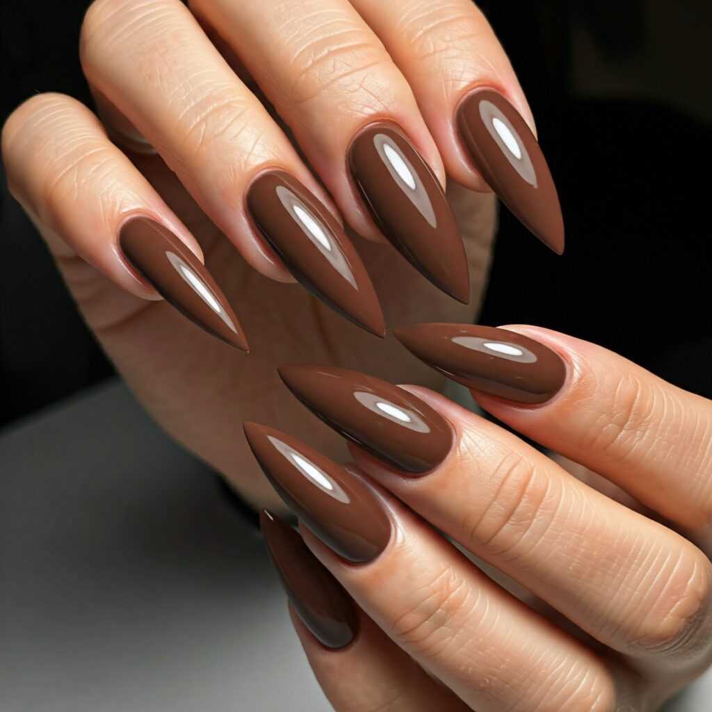 A set of Chocolate brown stiletto nails