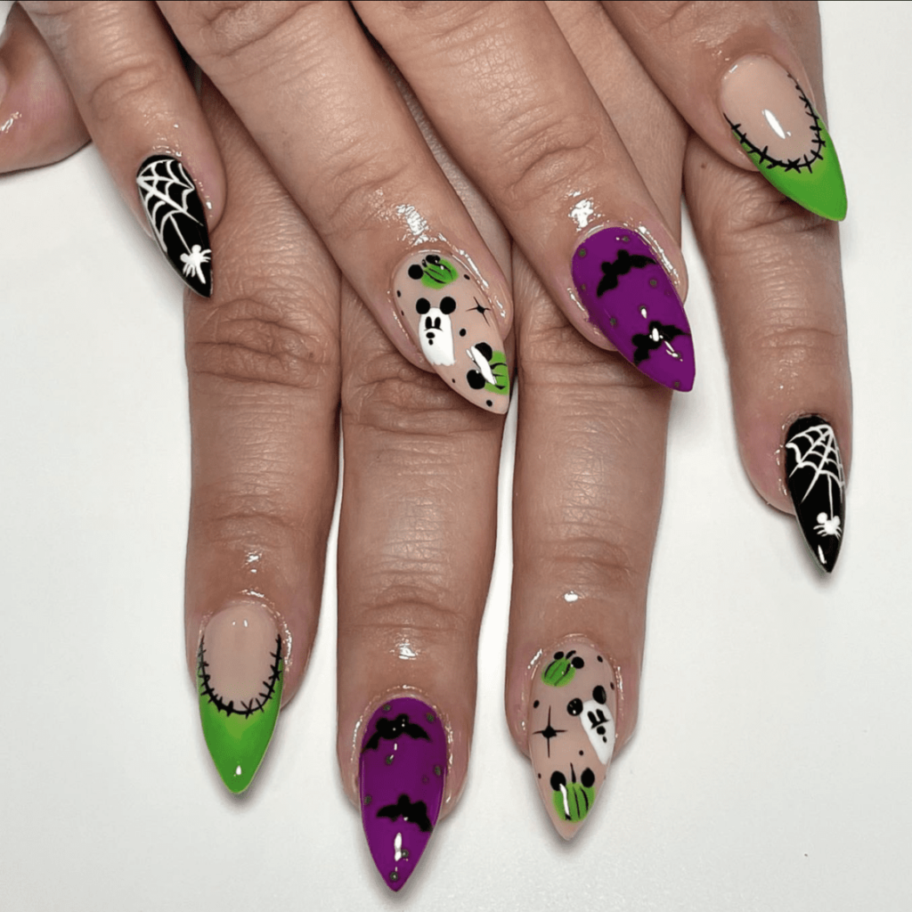 Purple and green stitch skin nails