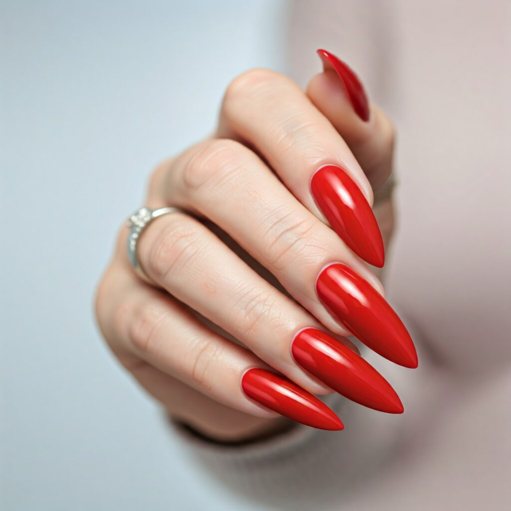 Image featuring a close up of a hand with long red stiletto nails