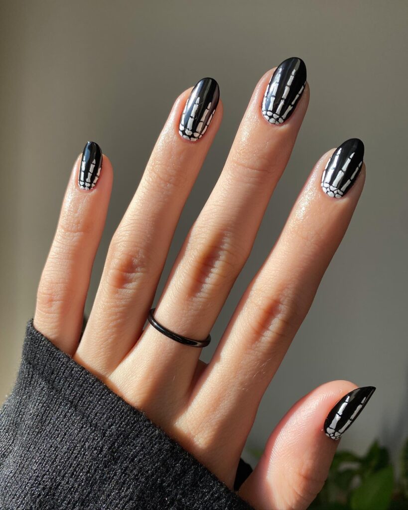 White and black Skeleton Halloween nail art