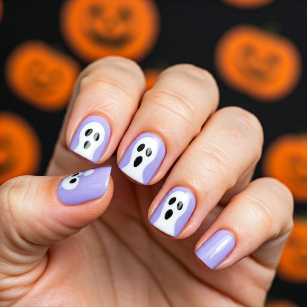 Short light purple nails with cute white ghosts