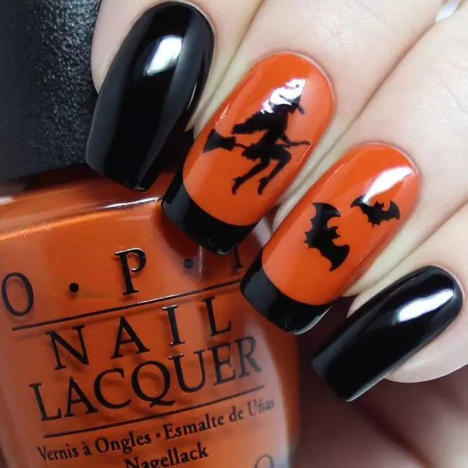 Witch and bat accent on orange and black nails