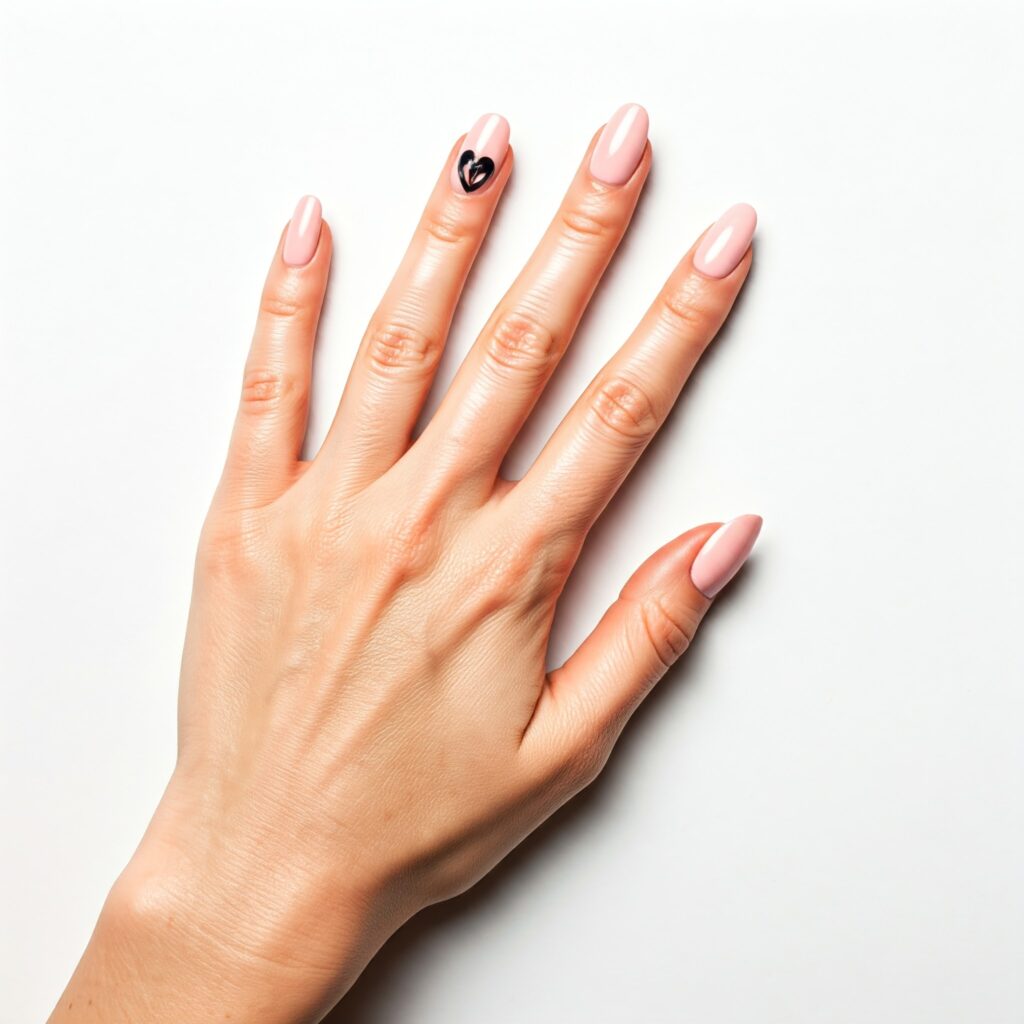 Short baby pink nails with hearts in black color on accent finger 