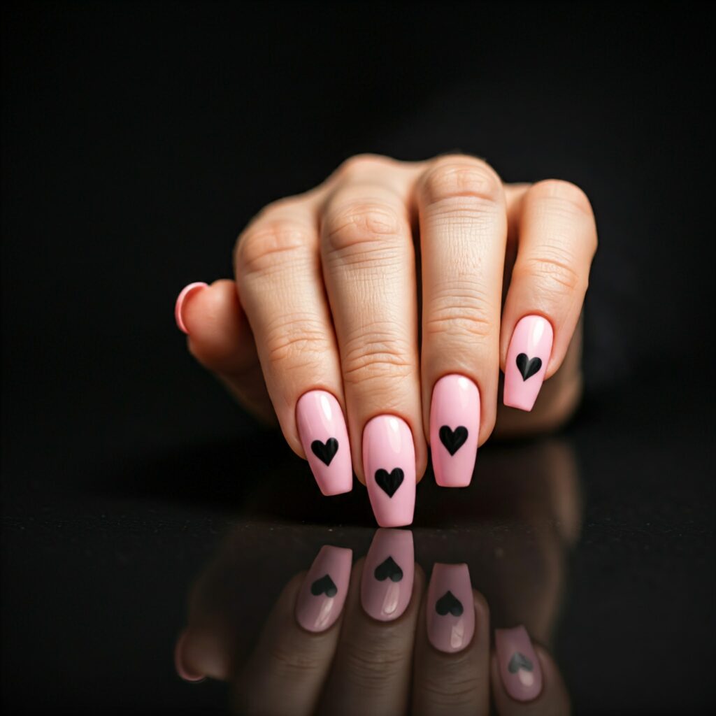 Coffin shaped baby pink nails with black hearts accent on each nail