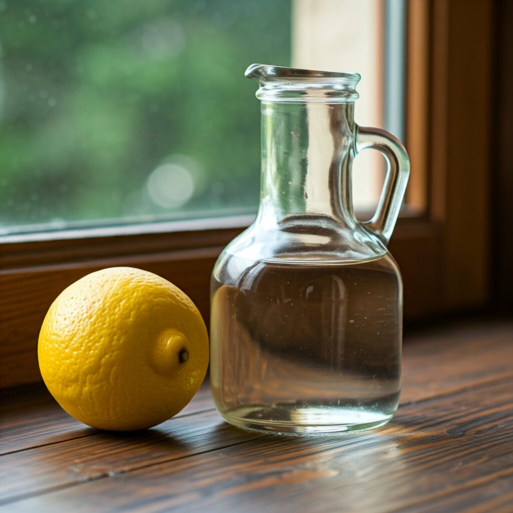 A lemon and a jar full of vinegar juice placed on a table 