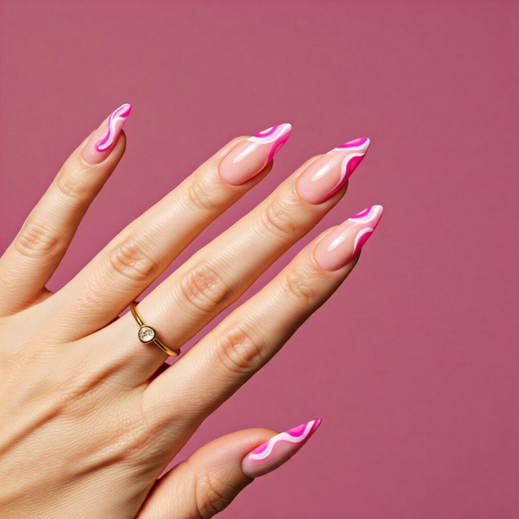 Pink and white swirls on stiletto shaped nails