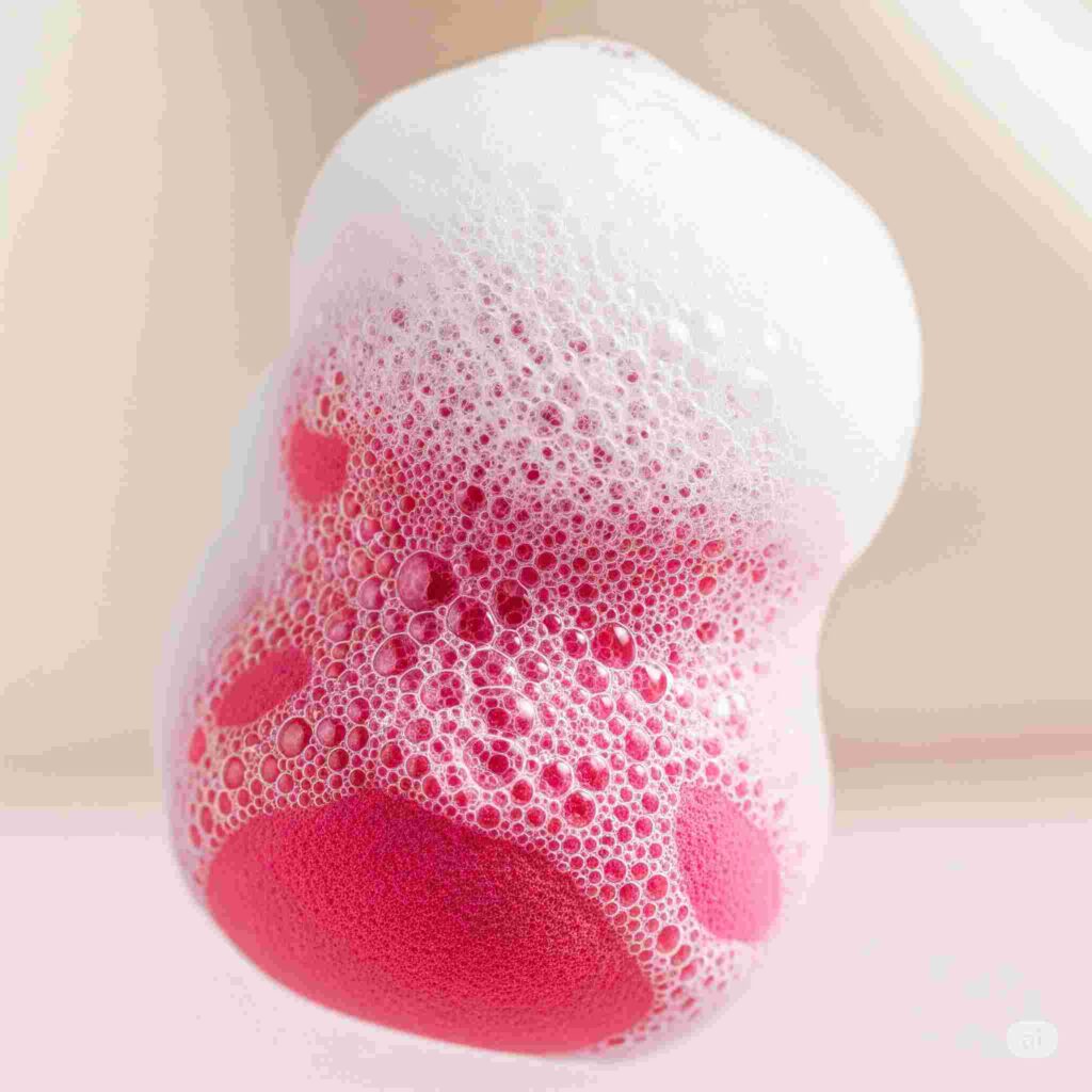 generate me an image of beauty blender during the process of cleansing full of foam