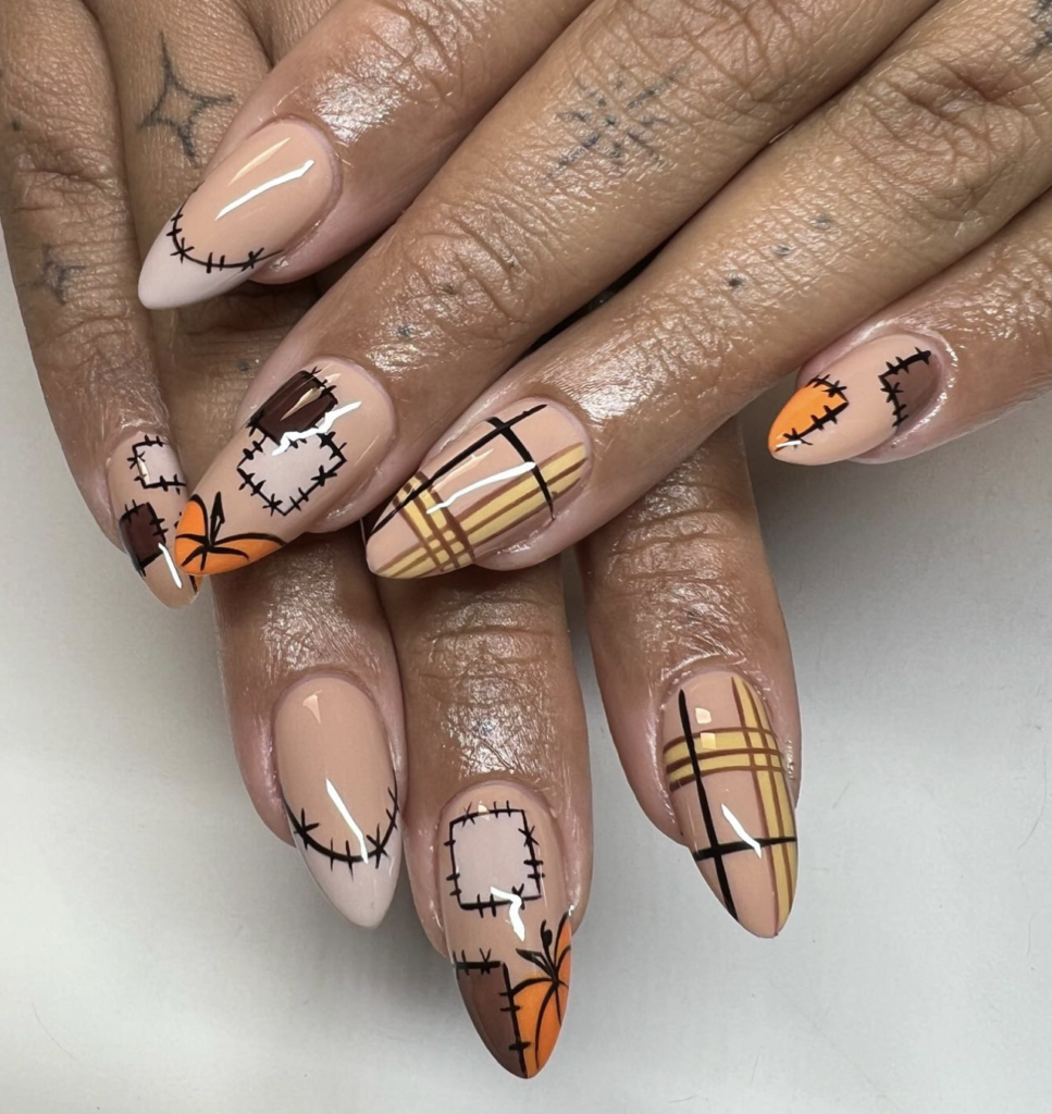 Pumpkin and plaid accent nail art